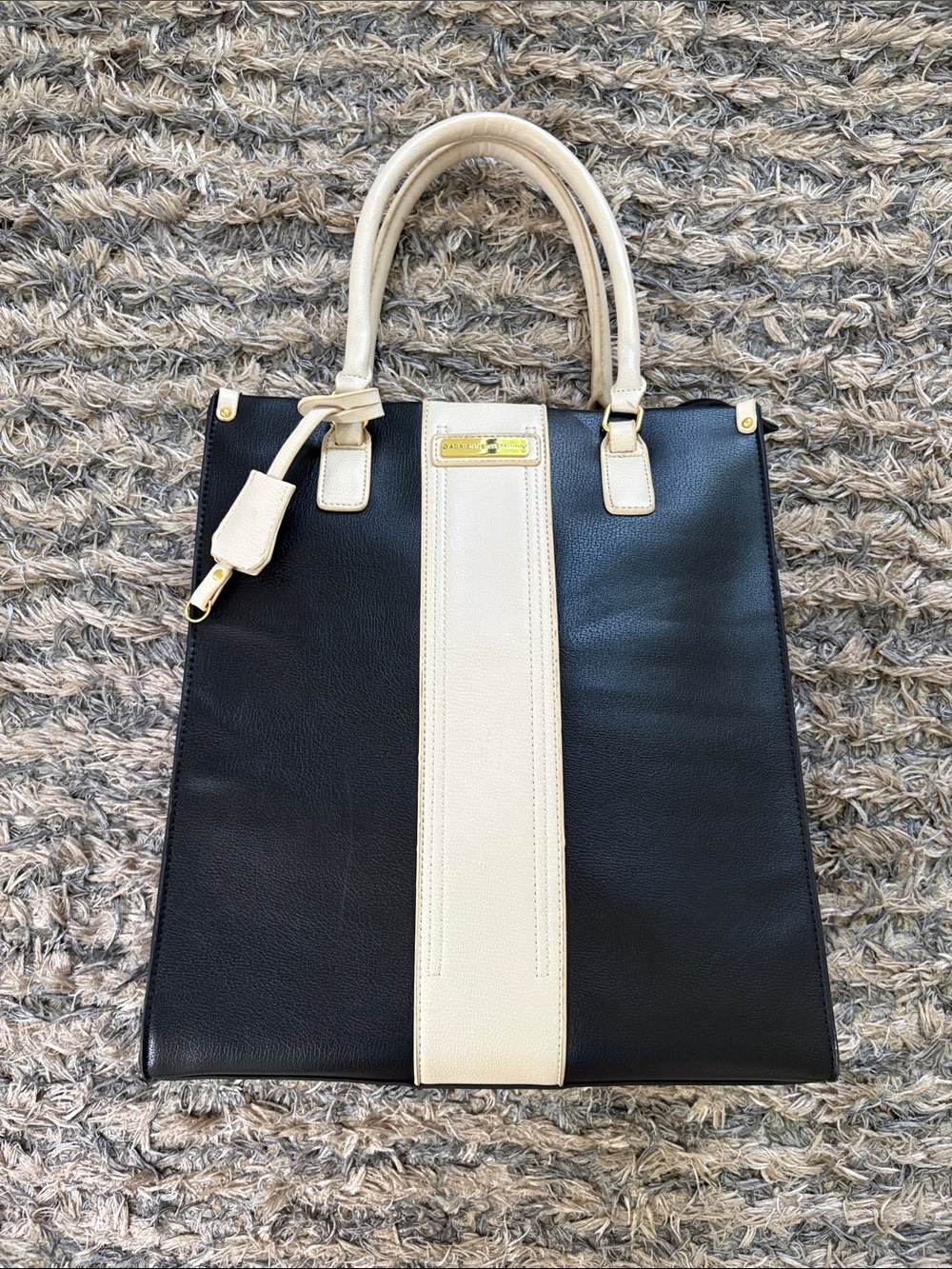 Adrienne Vittadini Black and Cream Vertical Stripe Large Satchel Tote Bag